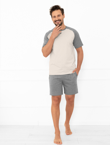 Alexander Italian Fashion férfi pizsama bézs - rövid ujjú és rövidnadrág, 100% pamut