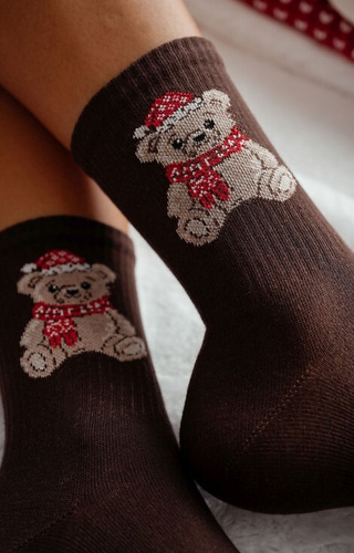 1283-031 Női zokni Milena barna - karácsonyi mackó, pamut