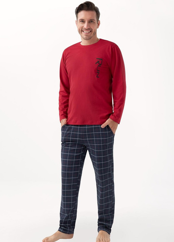 Férfi pizsama 810 Luna gesztenyebarna - pamut, hosszú ujjú, zsebes nadrág, zsebekkel
