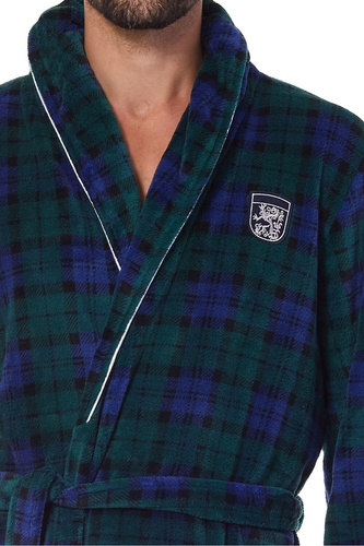 2456 BJ Férfi fürdőköpeny L&L tengerészkék - puha, kockás gallérral