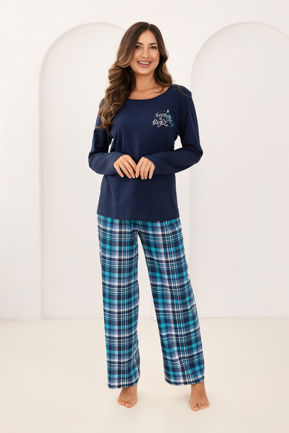 Női pizsama Regina 743 tengerészkék - pamut, hossz. ujjas, nyomtatott, kockás nadrág