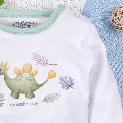 ABN-5565 Dino Explorer Body organikus pamutból Nini fehér - organikus pamut, hosszú ujjú, hosszú ujjú