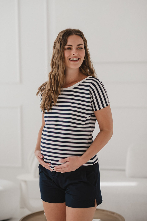 Two Ways Terhesség és szoptatás blúz | Rövidujjú, kényelmes Milk&Love sötétkék és fehér csíkos, rövid ujjú