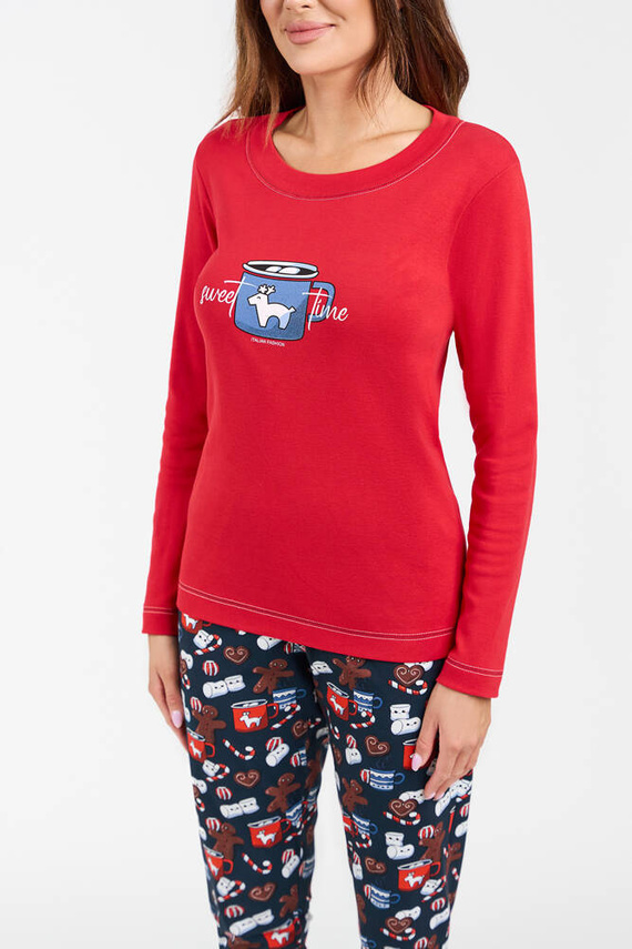 Makala Női hosszú ujjú pizsama és hosszú nadrág Italian Fashion - piros/print