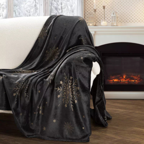 Eurofirany karácsonyi takaró fekete arany hópelyhek - puha mikroszálas ágytakaró, 240 g/m²
