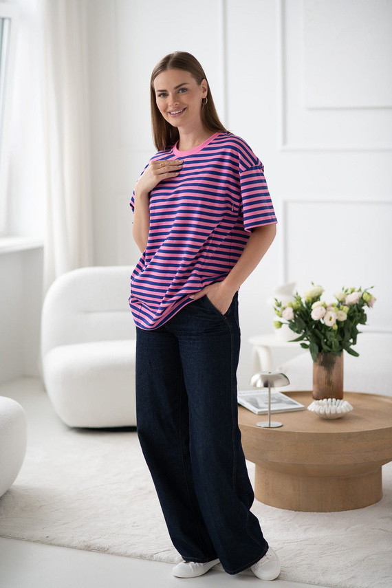 Mamahood Milk&Love rózsaszín és kék csíkos kismama és szoptatós póló - kényelmes és stílusos