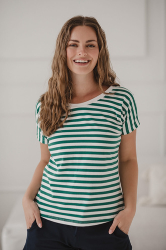 Two Ways Terhesség és szoptatás blúz | Rövid ujjú, kényelmes Milk&Love zöld és fehér csíkos, rövid ujjú