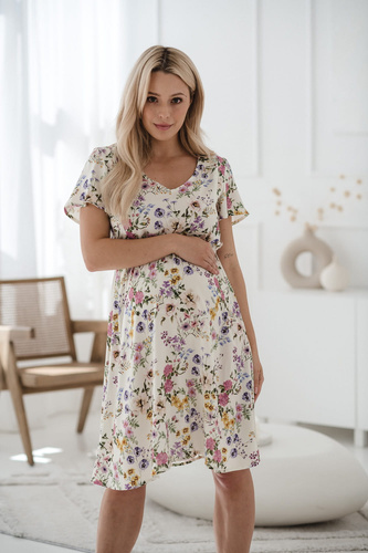 Lovely Dress kismama és szoptatós rövid ujjú Milk&Love krémszínű virágos ruha