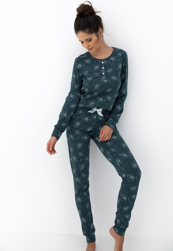 Ellison Sensis női pizsama zöld - hosszú ujjú pamut pizsama bordázott mandzsettával