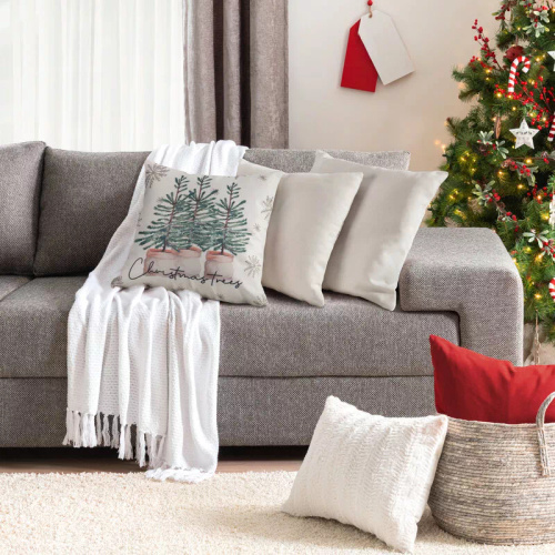 Chp 223 Eurofirany karácsonyi párnahuzat - krémszínű, zöld karácsonyfákkal, dekoratív