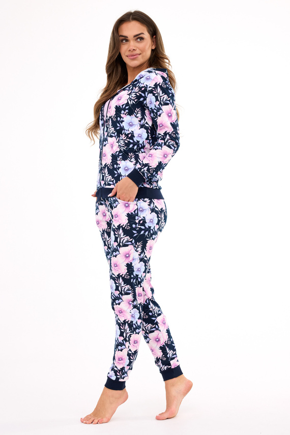 355/464 Maddie Cornette női pizsama - sötétkék 3 részes, virágos blúzzal és kapucnis pulóverrel