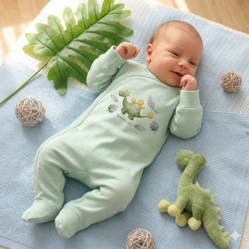 ABN-5568 Dino Explorer Nini baba pizsama menta | organikus pamut, nyomógombos záródással