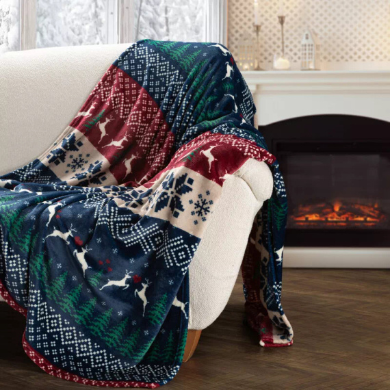 Eurofirany karácsonyi takaró tengerészkék piros skandináv mintával - puha mikroszálas ágytakaró, 240 g/m²