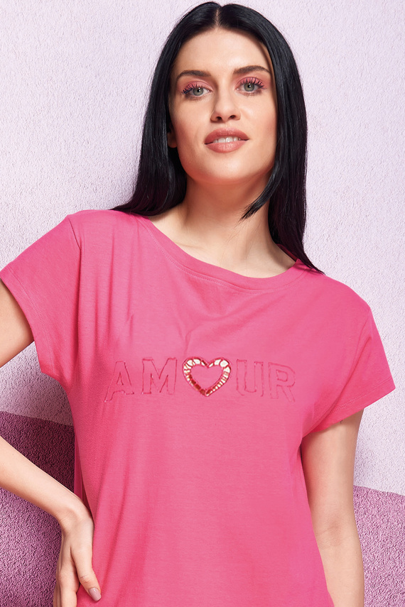 Oxksana Rózsaszín hálóing - 100% pamut, hímzett szív, csipke és fodor