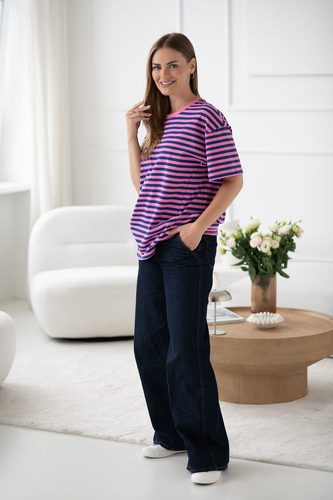 Mamahood Milk&Love rózsaszín és kék csíkos kismama és szoptatós póló - kényelmes és stílusos