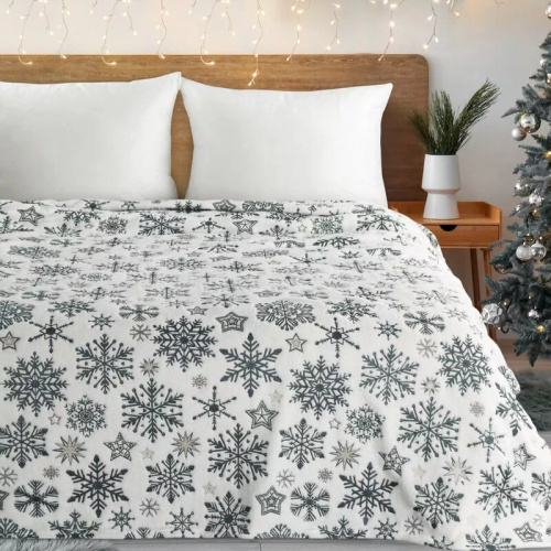 Eurofirany karácsonyi takaró fehér tengerészkék hópelyhek - puha mikroszálas ágytakaró, 240 g/m²