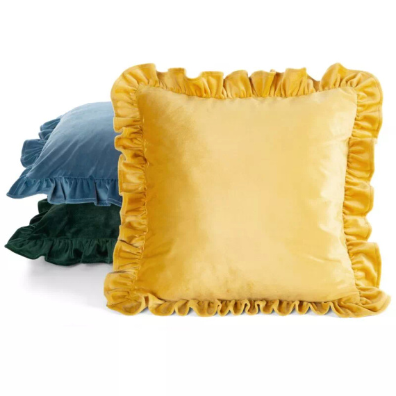 Brenda 45x45 zsályazöld bársony párnahuzat fodorral mustard