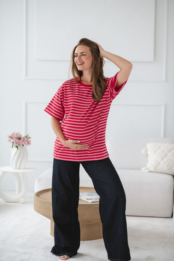 Mamahood Terhesség és szoptatás Milk&Love piros-rózsaszín csíkos póló - kényelmes és elegáns