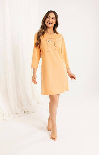 166 Női barackszínű pamut póló - 3/4 ujjú, nyomtatott, térdig érő, női póló