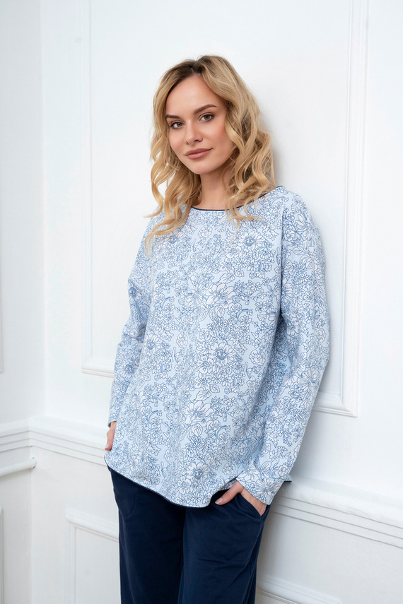 Gracjela Női pizsama hosszú ujjú, hosszú nadrág olasz divat - kék/zöld mintás