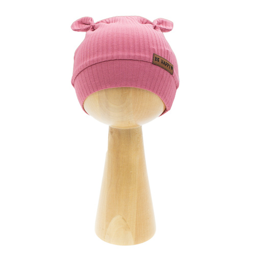 216054 Lala Nicol sapka - bordázott pamut elasztánnal, fülekkel és Be happy patch-el