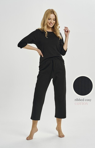 3445 Melania pizsama 7/8 fekete - női pamut pizsama zsinórral a derekán és bő nadrággal