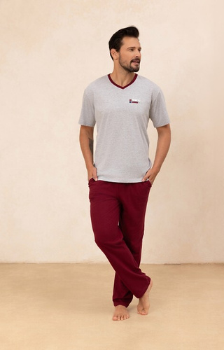 498 Férfi pamut pizsama Regina szürke - V-nyakú póló + hosszú nadrág
