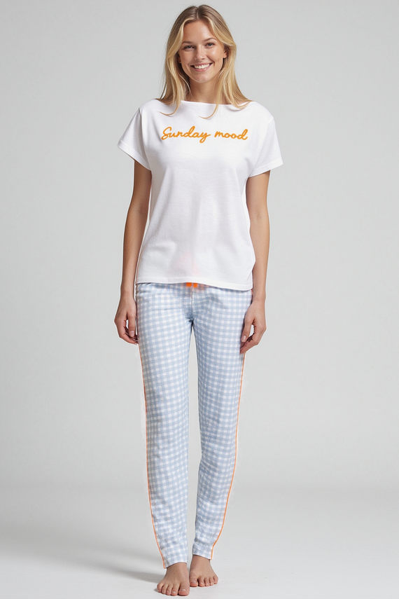 Dana Női pizsama Sorbetto kék - 100% pamut, rövid ujjú, kockás nadrág, szett