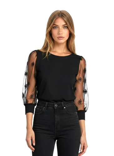 Elegáns női blúz Teria 3/4 Eldar fekete- viszkóz, buff ujjak, tüll hímzés, kerek nyakkivágás, szegélyek