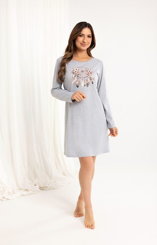 162 Pamut hálóing Regina szürke - hosszú ujjú, nyomtatott, térd alá érő, hosszú ujjú