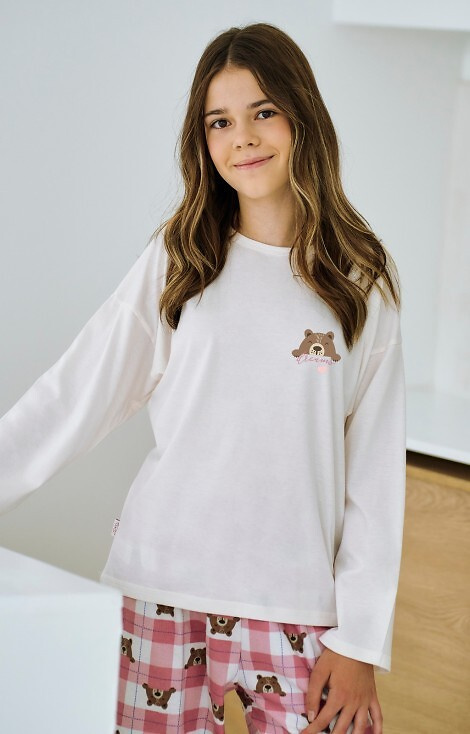 3503 Astrid Taro lány pizsama bézs - pamut, print, kockás nadrág